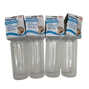Baby King Lot 4 Nurser Bottles Cap Nipple New BPA Free Medium Flow 9 oz Clear
